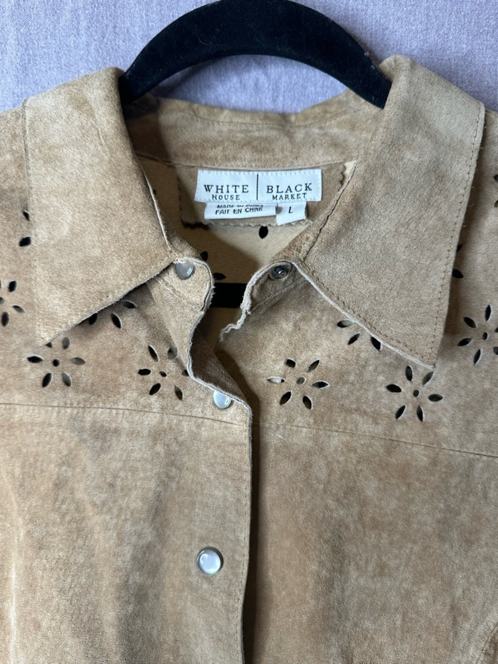 White House Black Market Tan Suede Laser-Cut Snap Front Jacket